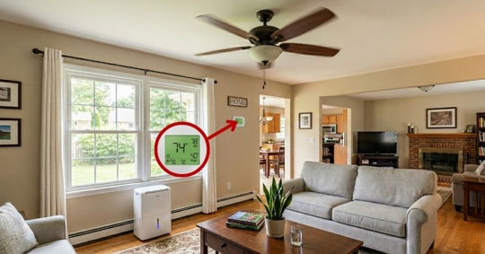 Bright, airy living room with a visible thermostat and a ceiling fan