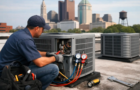 An HVAC technician on a rooftop services an outdoor air conditioning unit. A city skyline provides the background for this essential home service.