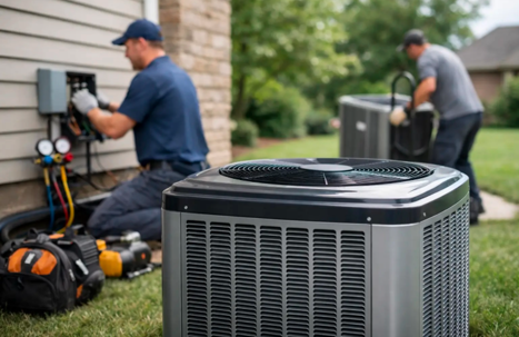 HVAC technicians work on outdoor air conditioning units at a home. One connects gauges, while another moves a unit, with a prominent unit in the foreground.