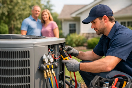 An HVAC technician services an outdoor AC unit as a homeowner couple observes. He uses diagnostic tools, ensuring comfort.