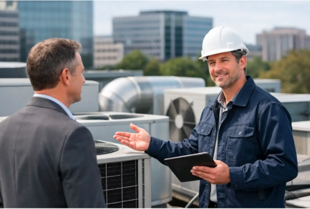 A smiling HVAC technician in a hard hat discusses rooftop units with a client in a suit. They stand among commercial air conditioning units with a city background.