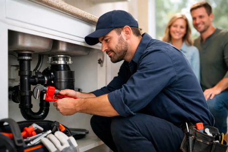 A male plumber in a blue uniform fixes a kitchen sink with a wrench. A smiling couple is visible behind him in the bright background. Tools are laid out in the foreground.