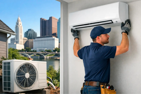 An HVAC technician installs an indoor air conditioning unit, with an outdoor compressor and a city skyline visible outside.