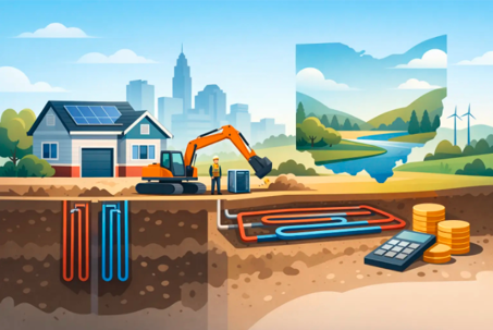 An illustration depicts a house with solar panels and an excavator installing underground geothermal heating loops. Financial elements like a calculator and money are visible, with a city and natural landscape in the background.